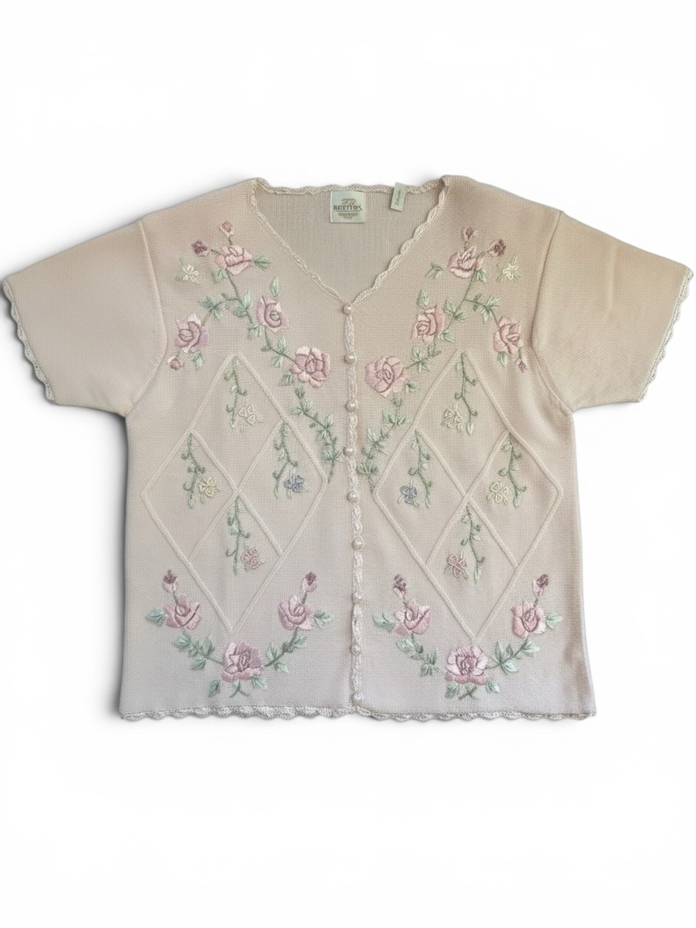 Vintage Bentley Embroidered Floral Ramie Cotton Cardigan Sweater L Cottagecore